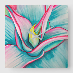 Horloge Carrée Aquarelle d'agave succulent art