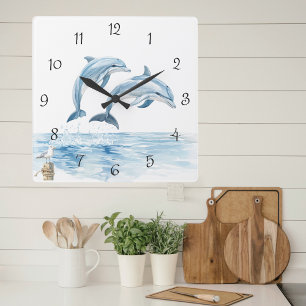 Horloge Carrée Aquarelle Dauphins Été côtier