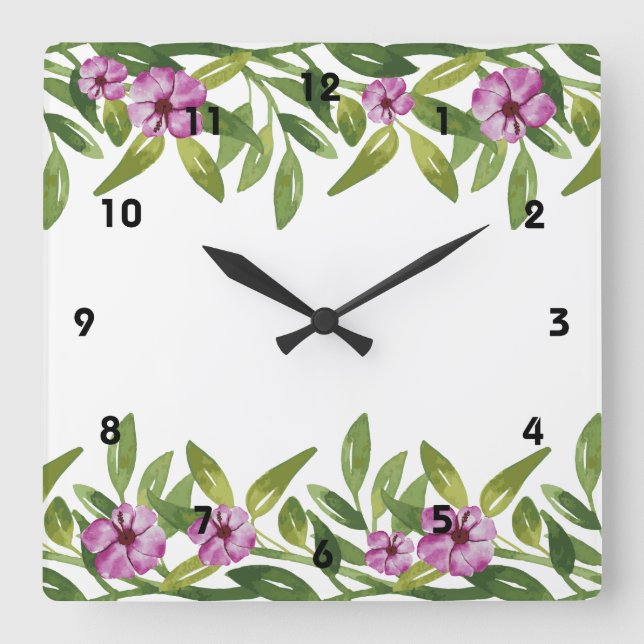 Horloge Carrée Aquarelle de jardin avec verdure et fleurs violett (Recto)