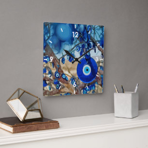 Horloge Carrée Aquarelle de l'arbre décorée de nazars