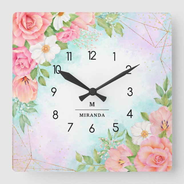 Horloge Carrée Aquarelle de monogramme Vert floral Géométrique ro (Recto)