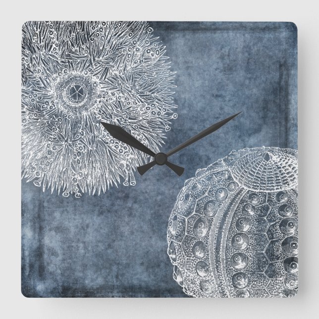 Horloge Carrée Aquarelle de Sea Urchin Océan bleu blanc bleu mari (Recto)