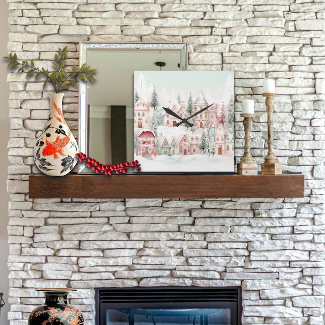 Horloge Carrée Aquarelle douce à la menthe et rose (Créateur téléchargé)