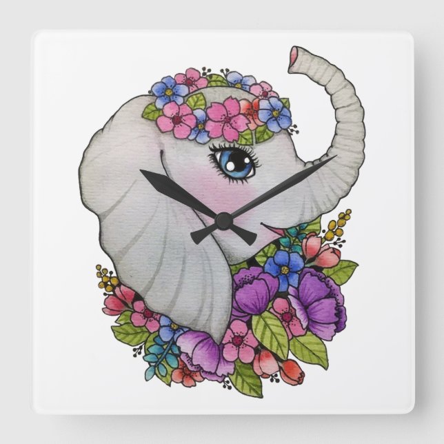Horloge Carrée Aquarelle Eléphant Avec Fleurs Sauvages (Recto)