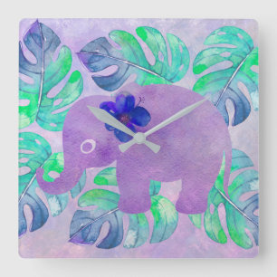 Horloge Carrée Aquarelle Elephant Jungle Tropical Monstera Feuill