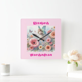 Horloge Carrée Aquarelle fée fleurie typographie princesse rose