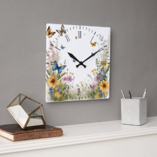 Horloge Carrée Aquarelle Fleur sauvage Gris Et Papillons,