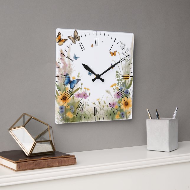 Horloge Carrée Aquarelle Fleur sauvage Gris Et Papillons, (Bureau)