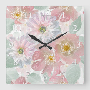 Horloge Carrée Aquarelle fleurs délicates.