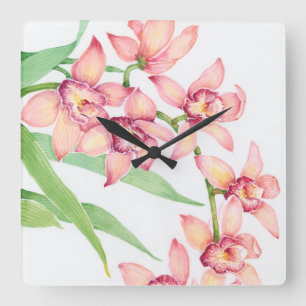 Horloge Carrée Aquarelle Fleurs roses