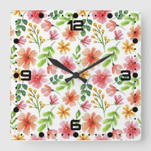 Horloge Carrée Aquarelle Fleurs roses Motif Floral-69677