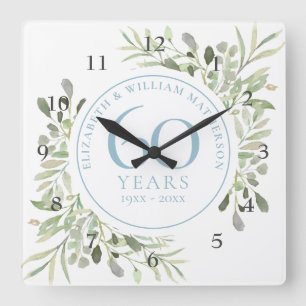 Horloge Carrée Aquarelle florale du 60e anniversaire