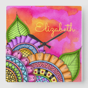 Horloge Carrée Aquarelle florale moderne couleur Whimsical