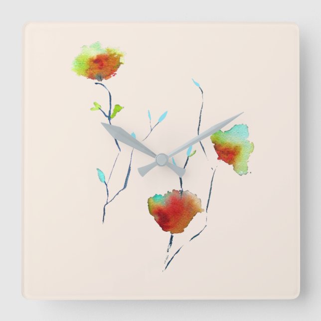 Horloge Carrée Aquarelle florale moderne d'art Abstrait (Recto)