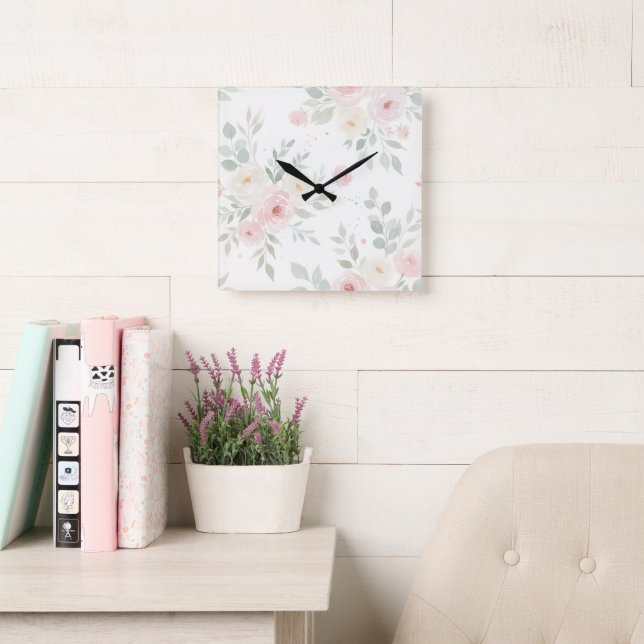 Horloge Carrée Aquarelle Florale - Pastel Rose & Vert (Salle de lecture)