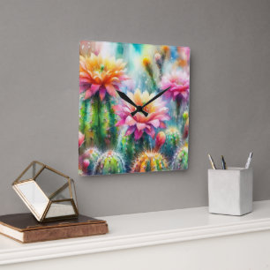 Horloge Carrée Aquarelle Flower Cactus Succulents