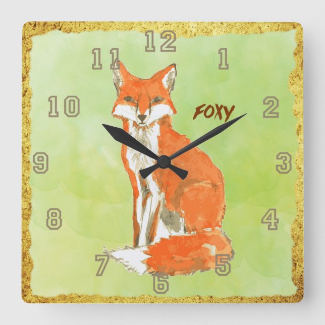Horloge Carrée Aquarelle Foxy Ginger Fox (Recto)
