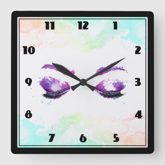 Horloge Carrée Aquarelle glamour aux yeux et aux bouillons pourpr (Recto)