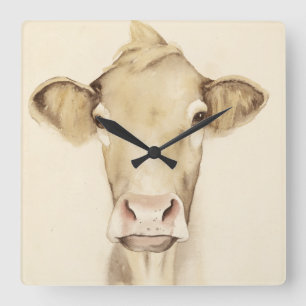 Horloge Carrée Aquarelle Grange Animaux   Vache