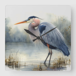 Horloge Carrée Aquarelle Great Blue Heron Water Bird Faune