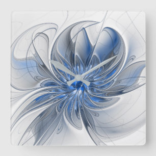 Horloge Carrée Aquarelle gris bleu Abstrait Fractal Art Flower