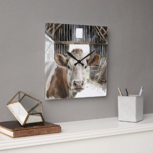Horloge Carrée Aquarelle Hereford Vache dans la grange