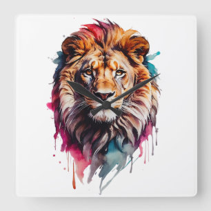 Horloge Carrée Aquarelle Homme Lion Chat Splatter Art Portrait