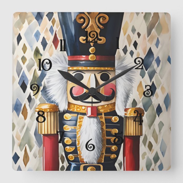 Horloge Carrée Aquarelle illustrée Noisette de Noël (Recto)