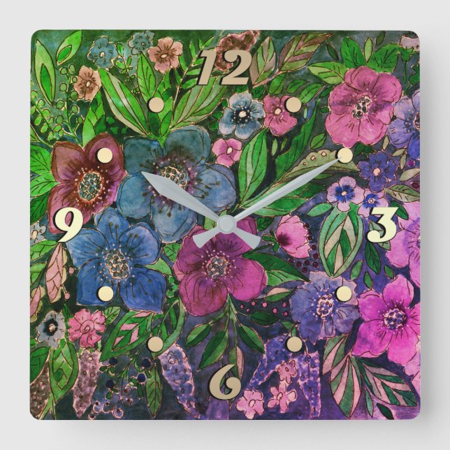 Horloge Carrée Aquarelle, jardin fleuri (Recto)