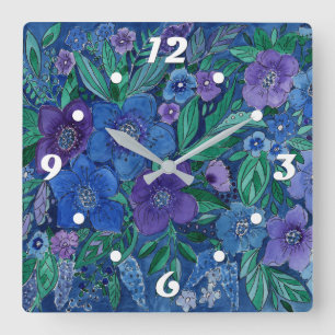 Horloge Carrée Aquarelle, jardin fleuri