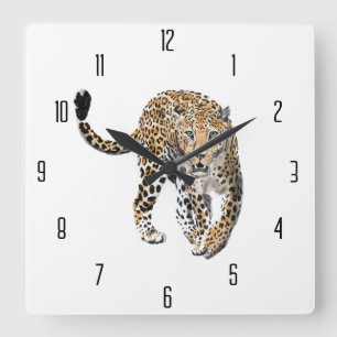 Horloge Carrée aquarelle léopard jungle chat peint vert animal