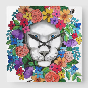 Horloge Carrée Aquarelle Lion Et Fleurs Arc En Ciel