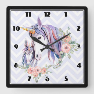 Horloge Carrée Aquarelle magique Unicorn Mom & Baby