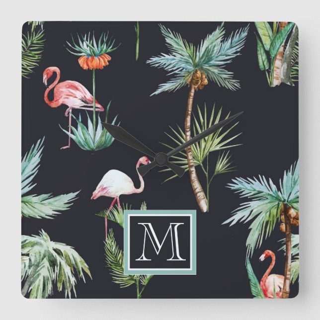 Horloge Carrée Aquarelle Motif Palm | Ajouter votre initiale (Recto)