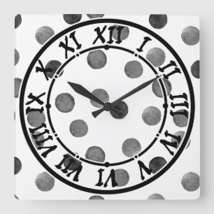 Horloge Carrée Aquarelle noir et blanc avec pois