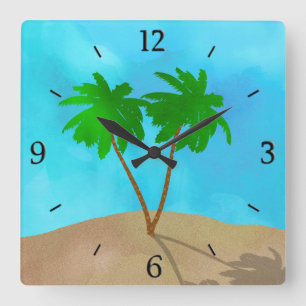 Horloge Carrée Aquarelle Palm Tree Beach Scene Collage