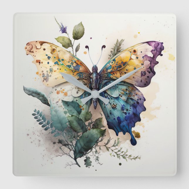 Horloge Carrée Aquarelle Papillon et feuillage (Recto)