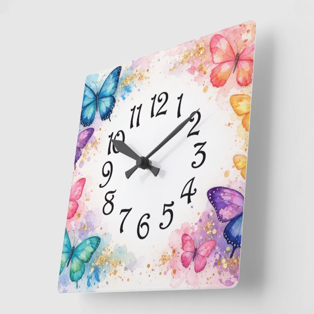 Horloge Carrée Aquarelle Papillon Splash et Fille Pailletée (Angle)