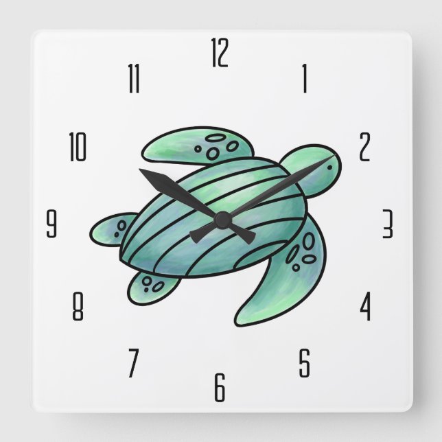 Horloge Carrée aquarelle peinte caricature de tortue de mer bleu  (Recto)