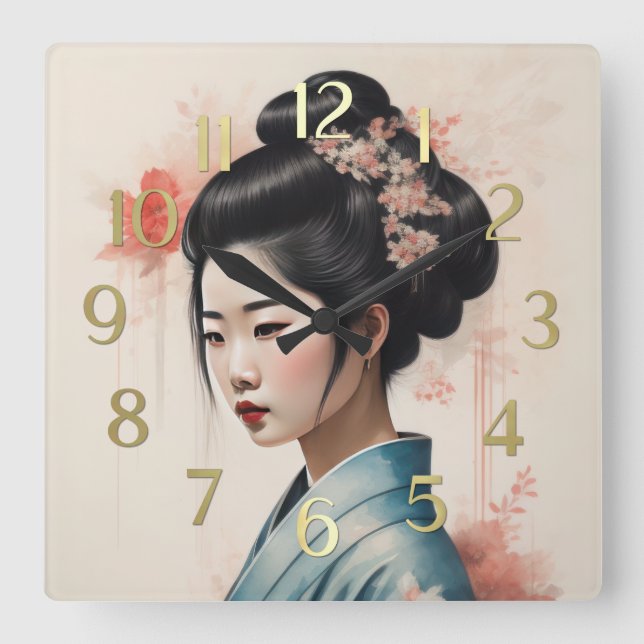 Horloge Carrée Aquarelle Peinture Belle Asiatique Fleurs Femme (Recto)