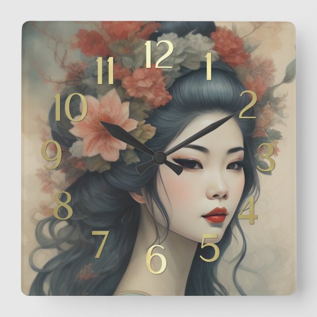 Horloge Carrée Aquarelle Peinture Belle Asiatique Fleurs Femme (Recto)