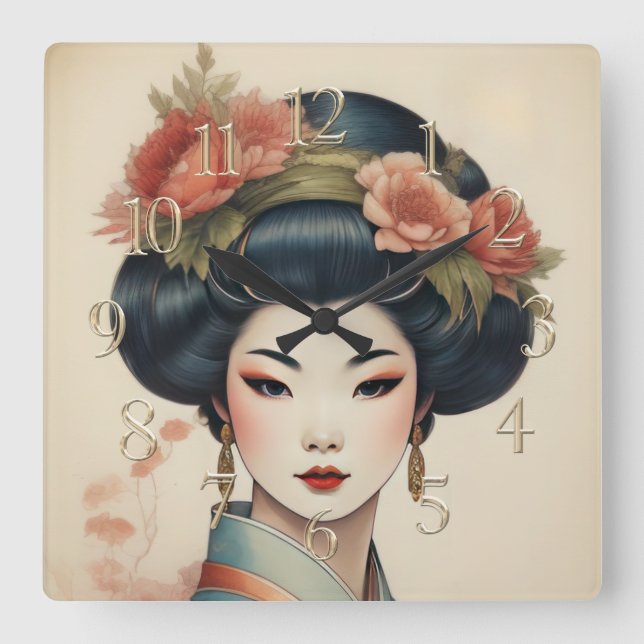 Horloge Carrée Aquarelle Peinture Belle Fleurs Asiatiques (Recto)