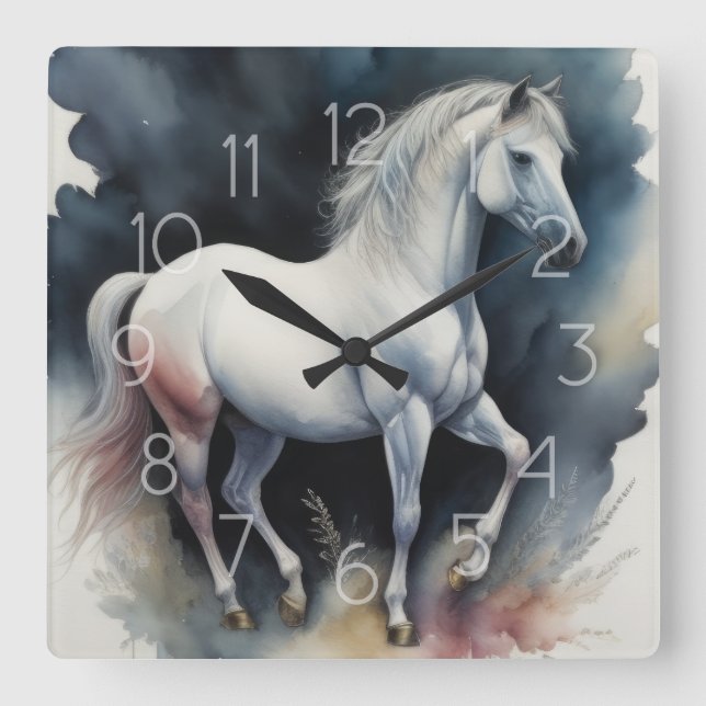 Horloge Carrée Aquarelle Peinture de cheval (Recto)