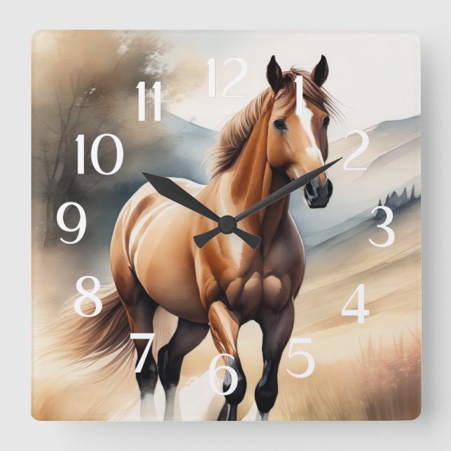 Horloge Carrée Aquarelle Peinture de cheval (Recto)