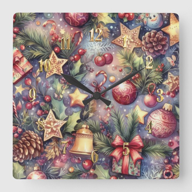 Horloge Carrée Aquarelle Purple Motifs de Noël (Recto)