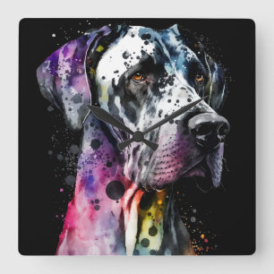 Horloge Carrée Aquarelle Rainbow Great Dane
