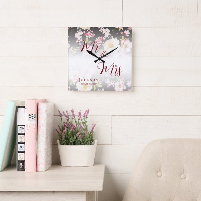 Horloge Carrée Aquarelle rose Roses jaunes, noir flou, Mariage (Salle de lecture)