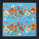 Horloge Carrée Aquarelle rouge orange crapaud bleu pastel<br><div class="desc">Rouge Orange Poppy Pastel Bleu Aquarelle coloré sur l'horloge de bureau de la femme noire. Conçu à partir de mon aquarelle originale.</div>