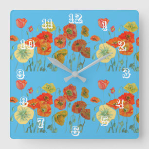 Horloge Carrée Aquarelle rouge orange crapaud bleu pastel