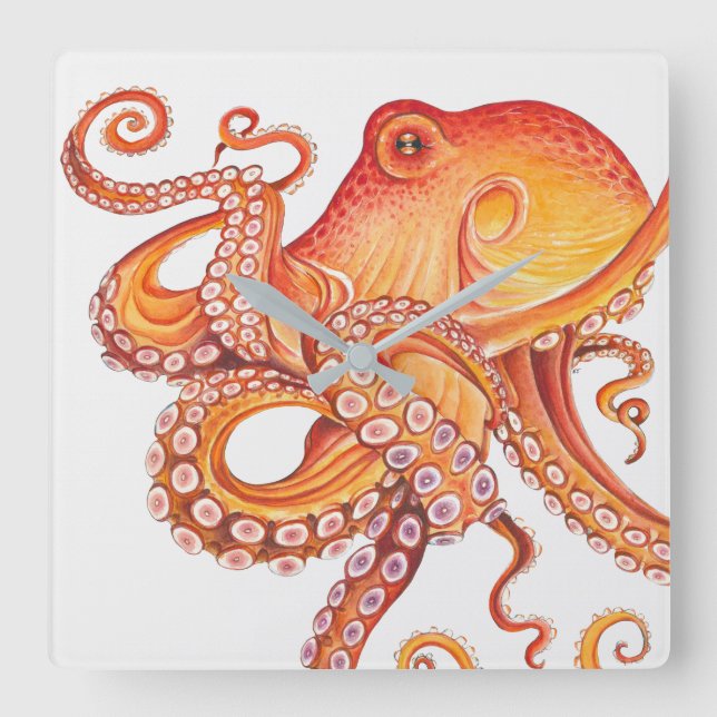 Horloge Carrée Aquarelle rouge orange octopique (Recto)